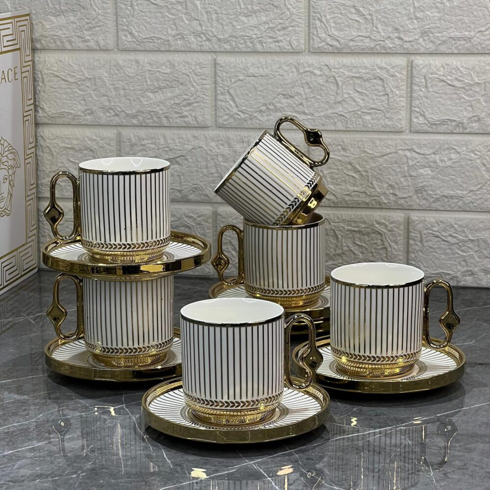 Service de Tasses à Café de Luxe – 12 Pièces Élégantes avec Finitions Dorées