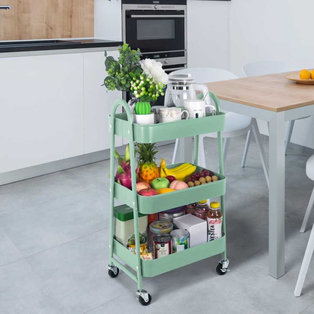 Chariot de Rangement 3 Niveaux – Rose et Vert, Élégant et Pratique !