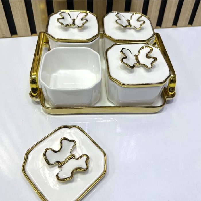 Ensemble de 4 Pots en Porcelaine de Luxe avec Plateau Doré – Élégance et Raffinement