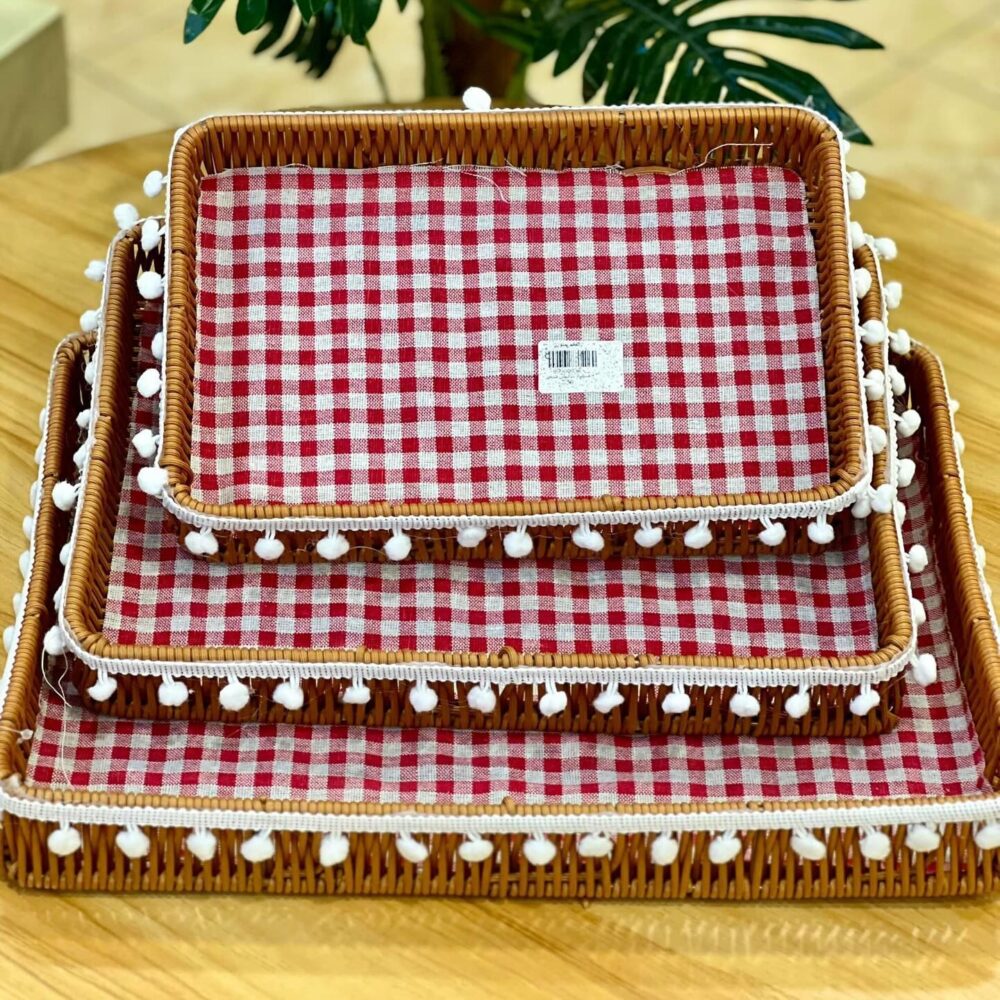 🧺 Set de 3 Paniers Rectangulaires en Osier avec Tissu à Carreaux – Design Rustique et Fonctionnel