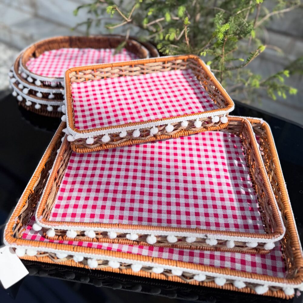🧺 Set de 3 Paniers Rectangulaires en Osier avec Tissu à Carreaux – Design Rustique et Fonctionnel