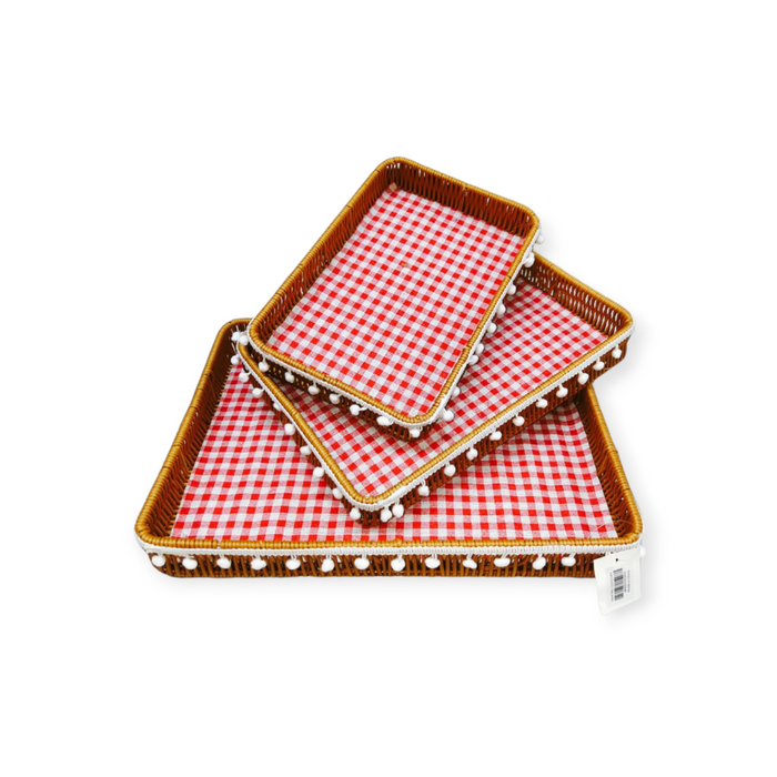 🧺 Set de 3 Paniers Rectangulaires en Osier avec Tissu à Carreaux – Design Rustique et Fonctionnel